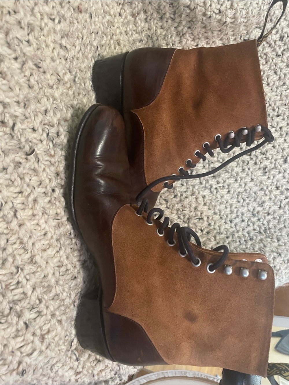 John Fluevog Brown and Tan Two-Tone Chukka Lace-Up Boots - Picture 2 of 7